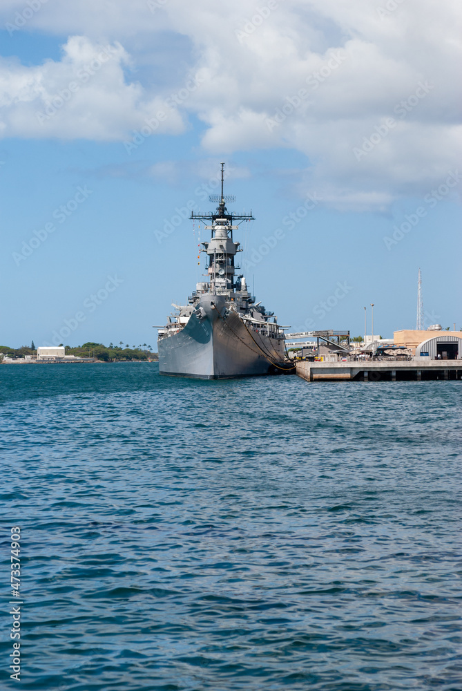 Bow view of the USS Missouri Battleship in moored at Pearl Harbor Hawaii