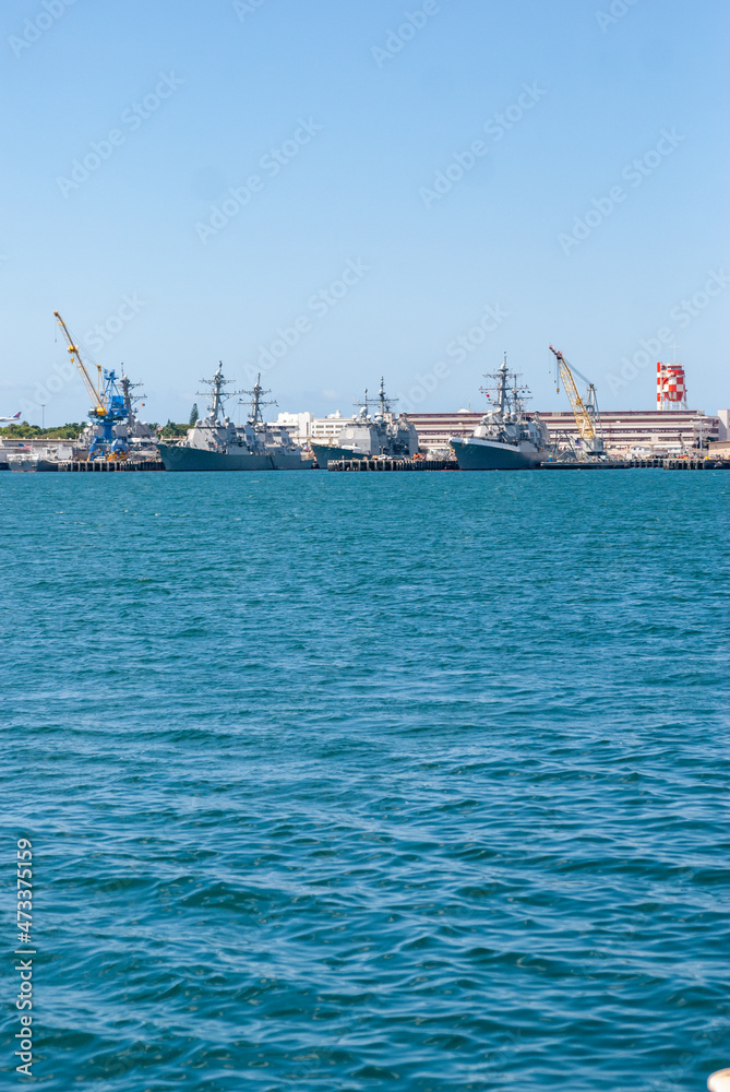 Modern Navy ships docked in Pearl Harbor