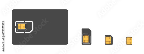 SIM cards. SIM card icons for mobile. Types of SIM cards, mini, micro, nano. Vector illustration