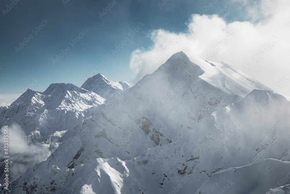Winter view of Caucasus Mountains near Krasnaya Polyana, Sochi, Russia