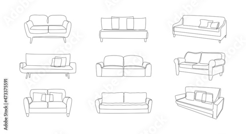 Modern comfy furniture and home interior decorations of trendy loft style outline contour lines. Collection of sofas and couches simple linear silhouette. Doodle vector illustration