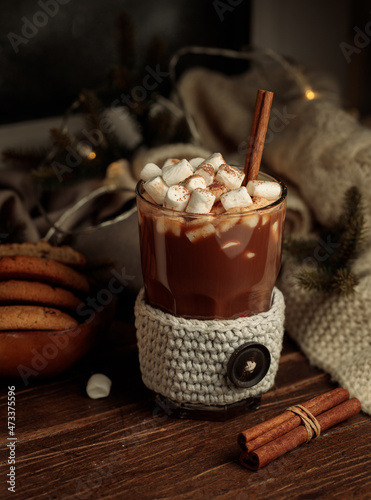 A glass of cocoa or hot chocolate on the background of a snow-covered window. Close-up with a knitted blanket, cookies and cinnamon sticks