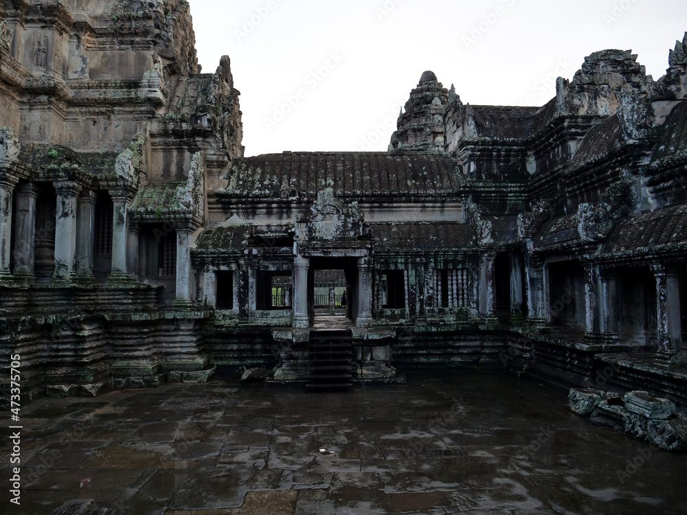 Angkor Wat temple, rainy day, Siem Reap, Cambodia.