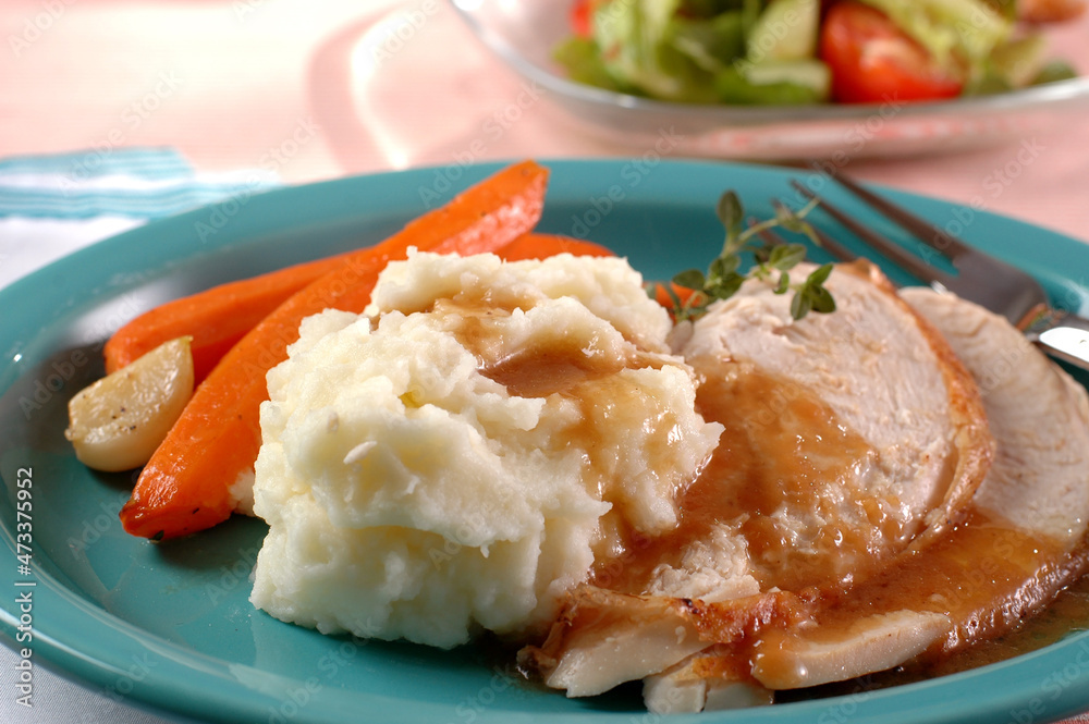 sliced turkey, mashed potatoes, carrots salad sliced turkey, mashed potatoes, carrots salad