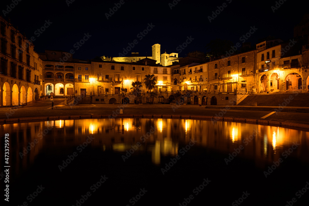 City landscape of Trujillo old town with its old stone buildings reflected in the fountain and the fortress palace of Chaves and Santiago Gate in the background at night, Caceres, Extremadura, Spain