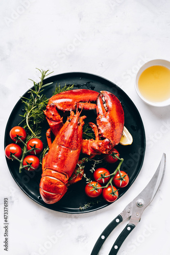 Delicious gourmet lobster in a black plate and white background. Top view