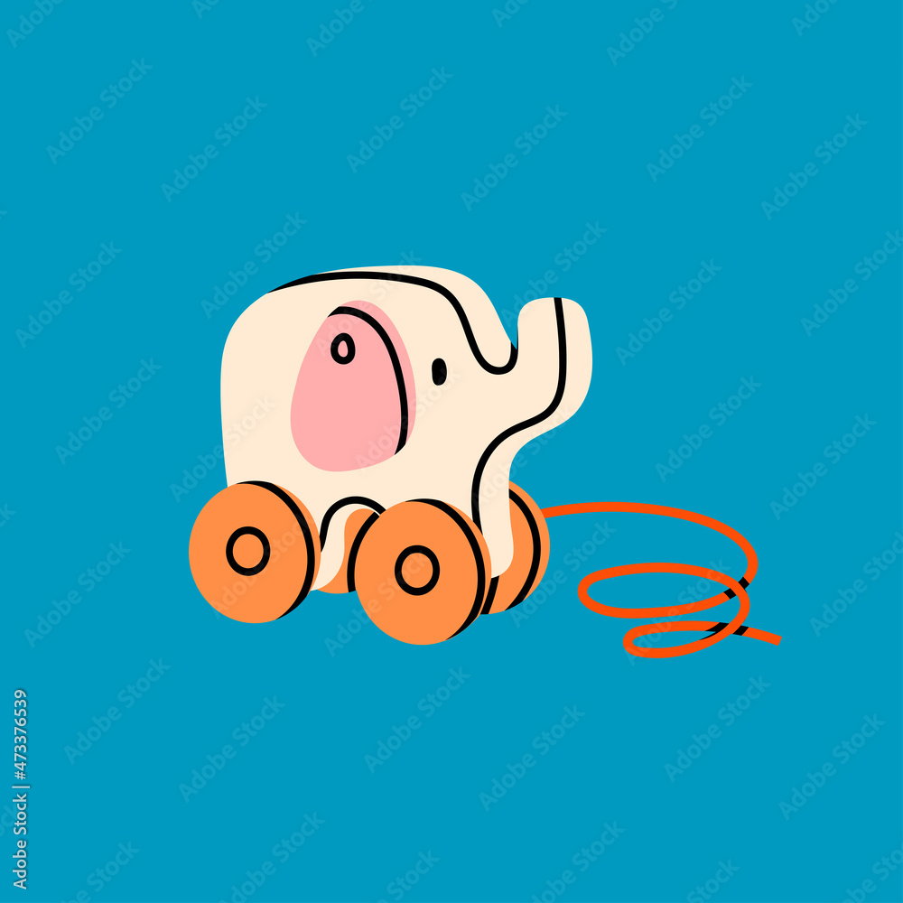 Wooden toy Elephant on wheels. Childhood, children games, preschool activities concept. Baby shower design element. Hand drawn Vector illustration. Isolated on blue. Logo, icon, print template