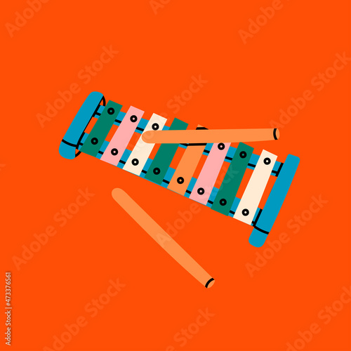 Colorful Xylophone. Toy for kids. Childhood, children games, preschool activities concept. Baby shower design element. Hand drawn Vector illustration. Isolated on red. Logo, icon, print template