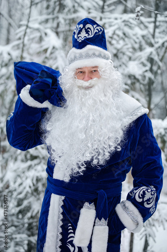Russian Christmas character Ded Moroz. Father Frost with a bag of gifts in a snowy forest. Winter.