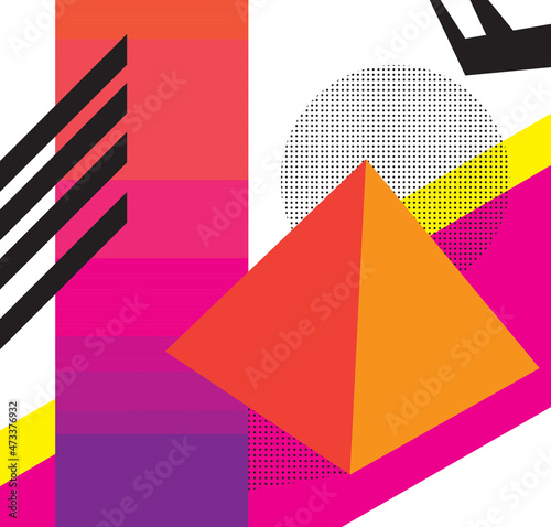 memphis like style featuring a pyramid shape on pink, oranges, and purple