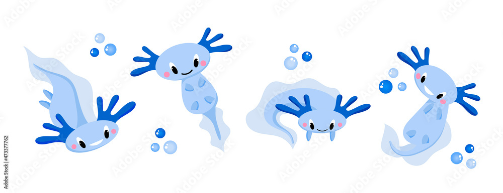 A set of cute cartoon axolotls, aquatic animals, amphibians. Cute characters with different emotions, vector illustration in a flat style.