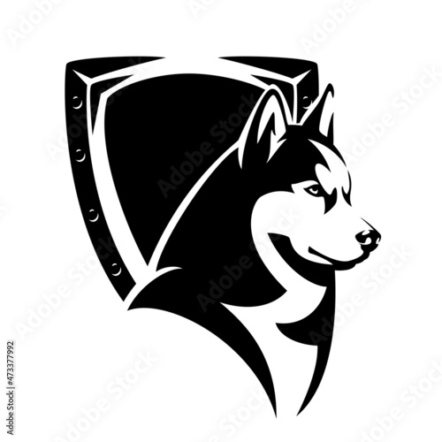 siberian husky head and heraldic shield with metal studs - guard dog insignia badge black and white vector design