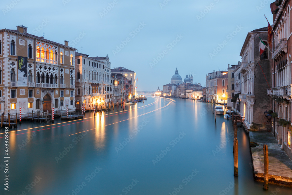 Gran Canal, Santa Maria della Salute church at sunrise, Venice, Veneto, Italy.