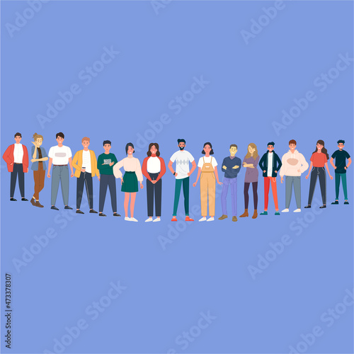 Smiling men and women standing together wearing casual dress. Flat male and female cartoon characters isolated on blue background.