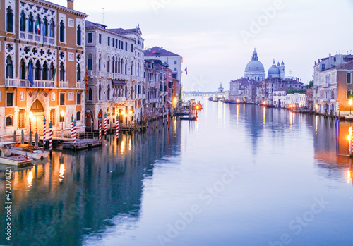 Gran Canal, Santa Maria della Salute church at sunris, Venice, Veneto, Italy.