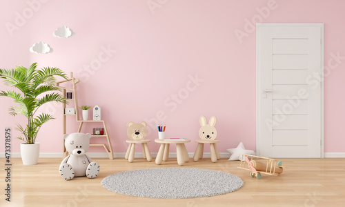 Chair and table in pink child room interior with copy space, 3D rendering