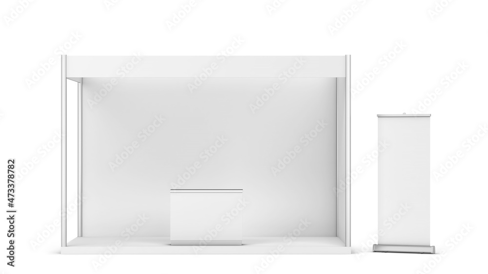 Blank tradeshow booth with counter and rollup banner