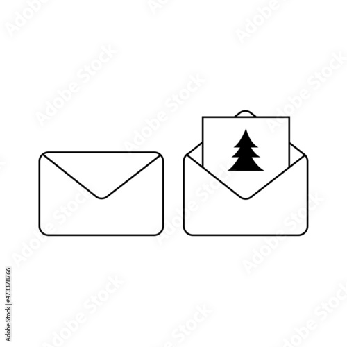 closed and opened christmas letter with a christmas tree on it, isolated on white, vector illustration
