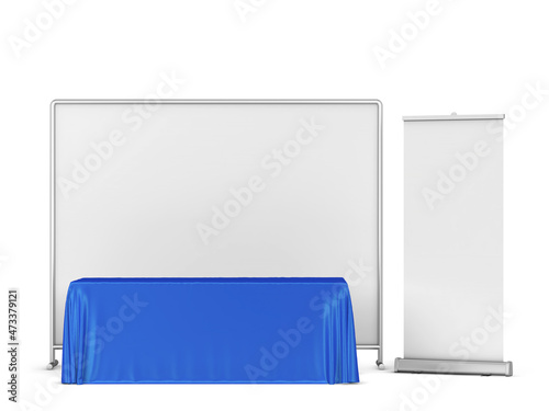 Blank tradeshow tablecloth with backdrop and rollup banners mockup