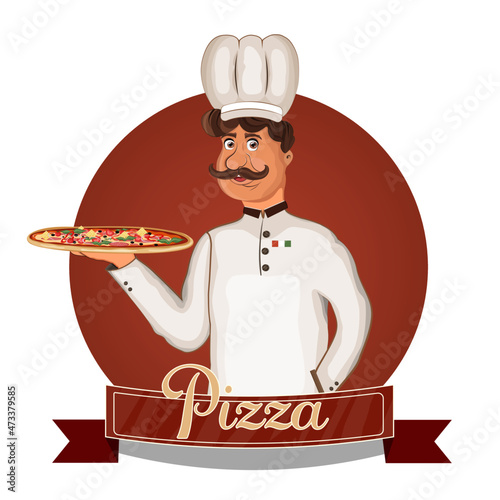 Chef. Baker on the emblem. Cook. Pizza maker. A man in a jacket and a hat holds pizza on a tray and invites her to try it. Restaurant sign. Italian food. Stock Vector illustration. Bakery. Isolated.