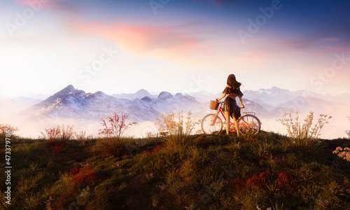 White caucasian adult woman with a bicycle in the meadows on top of a mountain. 3d rendering art. Sunset Sky. Aerial landscape background image from British Columbia, Canada.