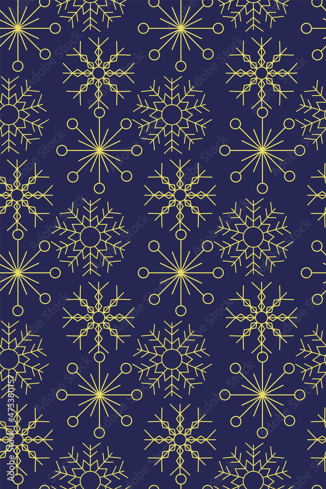 Seamless pattern with yellow snowflakes on dark blue backround.