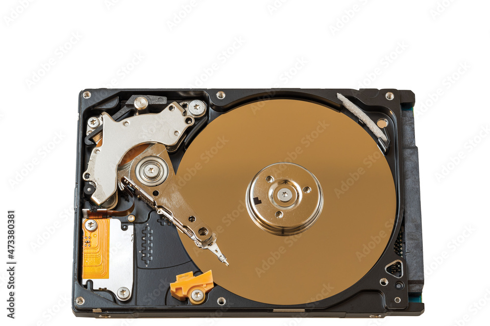 Macro view of disassembled hard drive isolated on white background. Macro view of disassembled hard drive isolated on white background.