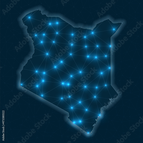 Kenya network map. Abstract geometric map of the country. Digital connections and telecommunication design. Glowing internet network. Appealing vector illustration.