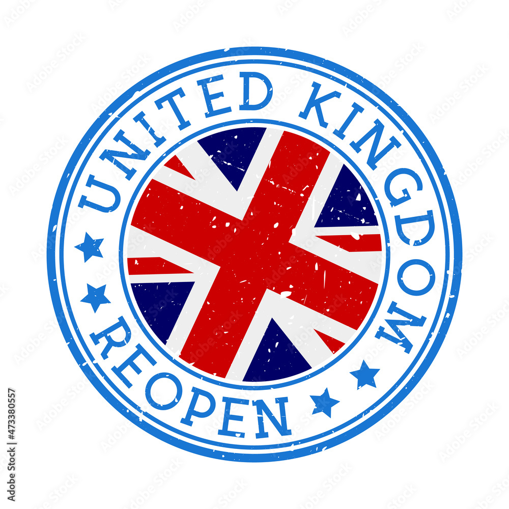 United Kingdom reopening stamp. Round badge of country with flag of United Kingdom. Reopening after lockdown sign. Vector illustration. United Kingdom reopening stamp. Round badge of country with flag of United Kingdom. Reopening after lockdown sign. Vector illustration.