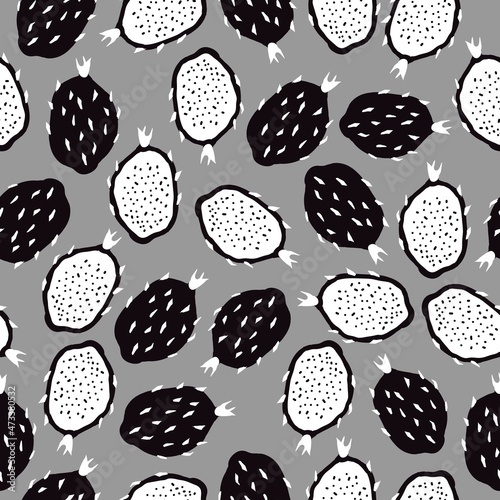 seamless dragon fruit pattern. black and white pattern. vector texture. trendy print for textiles and wallpaper.