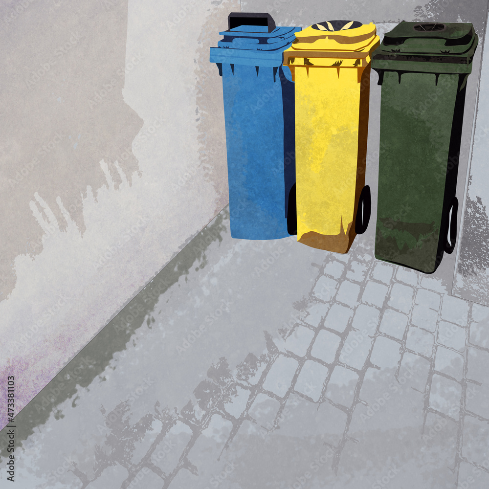 Trzy plastikowe śmietniki  niebieski zielony żółty stojące w zaułku - obrazy, fototapety, plakaty 