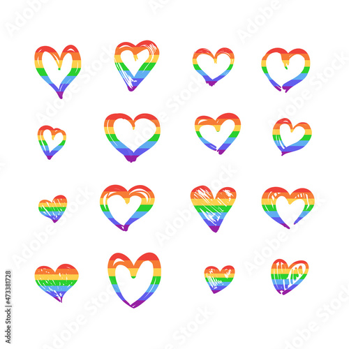 Rainbow Heart Set Isolated on White Background, Hand Drawn Style.