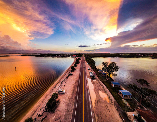Drone Sunset on the Palma Sola Bay in beautiful Bradenton, Florida. 