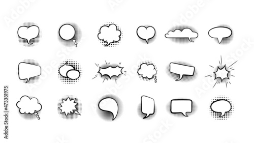 Speech Bubbles Set, Black Icons Isolated on White Background, Talk Comic Bubbles with Halftone Shadows, Comics Style.