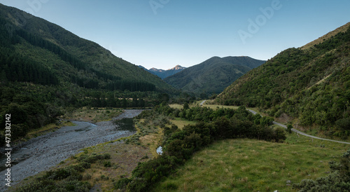 View of the Waingawa river and Tararua Forest Park, New Zealand