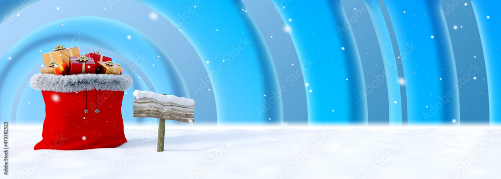 bandeau sur le thème de Noël avec hotte remplie de paquets cadeaux et de la  neige qui tombe Stock Illustration