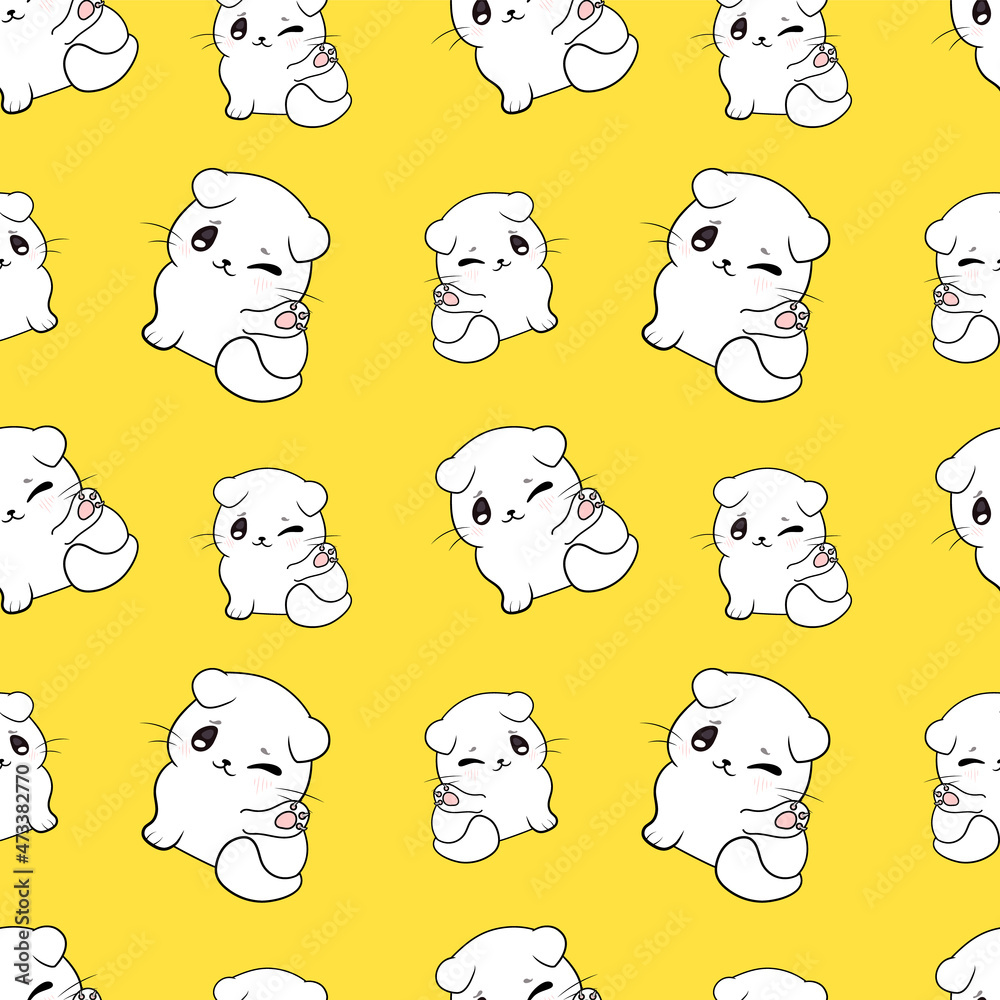 Seamless Pattern, Cute White Kittens on Bright Yellow Background, Illustration for Children. Seamless Pattern, Cute White Kittens on Bright Yellow Background, Illustration for Children.