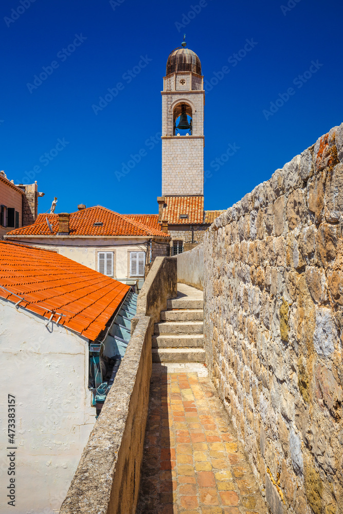 View of historic architecture from the walls of the city of Dubrovnik in Croatia, Europe.