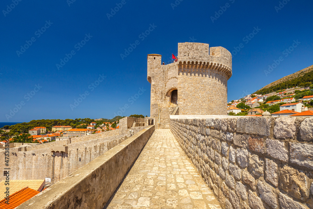 View of Minceta Tower from the walls of the city of Dubrovnik in Croatia, Europe.