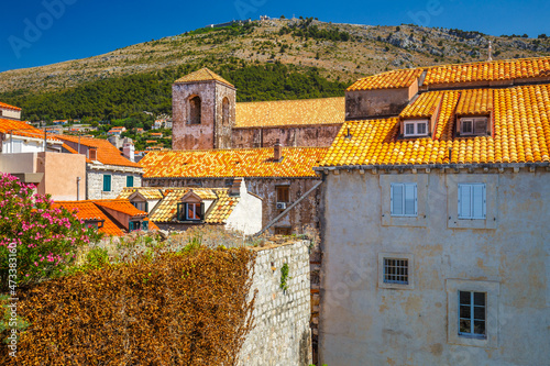 Architecture of old houses in the streets of historical centre of the Dubrovnik town, Croatia, Europe.