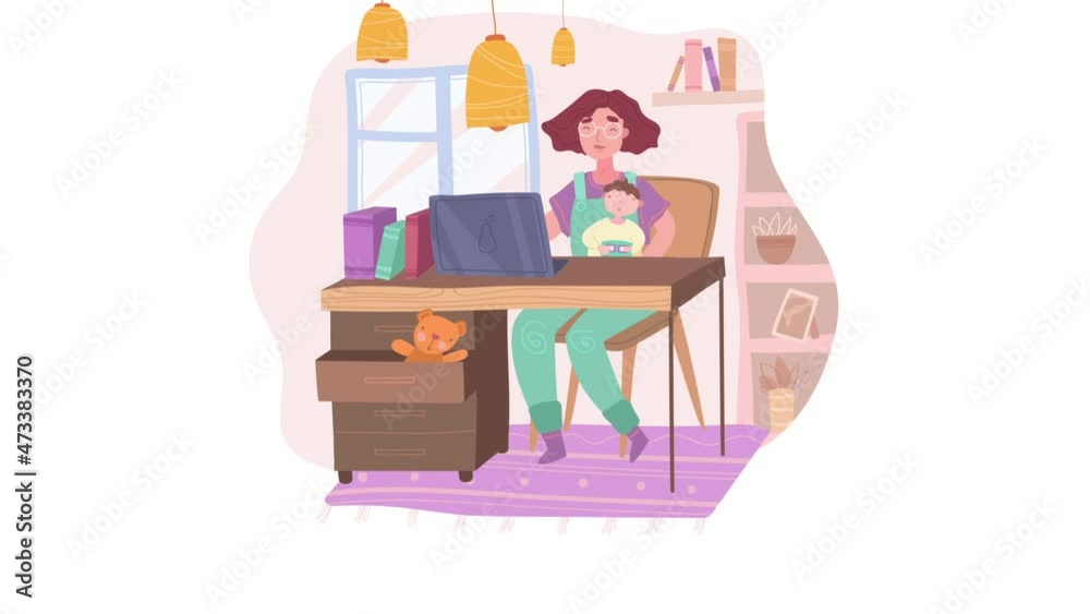 Maternity and maternity video concept. Moving young woman with newborn son working on laptop. Female character takes care of child and engaged in self development. Graphic modern animated cartoon