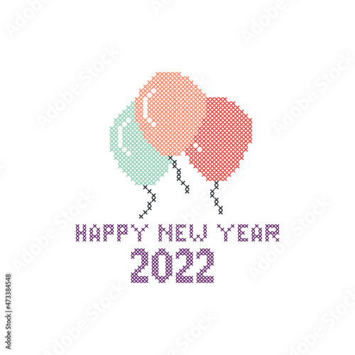 Happy new year 2022 with cross stitch element embroidery design or sewing handcraft