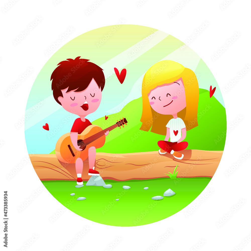 Little boy with a guitar sings a song for a little girl. A loving couple in nature. Vector illustration in flat style. Little boy with a guitar sings a song for a little girl. A loving couple in nature. Vector illustration in flat style.