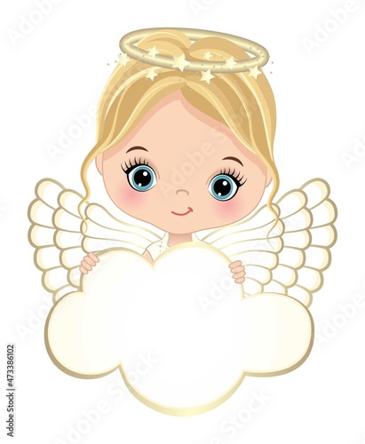 Nativity Cute Angel Holding Blank Cloud to Customize Your Text. 