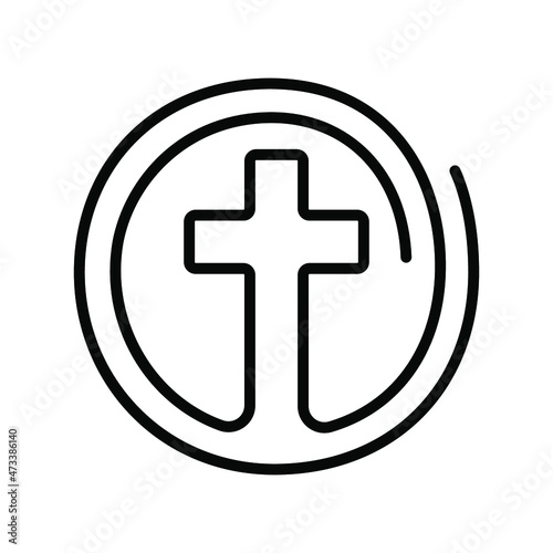 Christian cross icon. Abstract religious logo. Christian cross icon in a circle. Vector illustration. Linear symbol of church