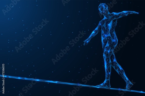 Balance. A man walks on a tight rope. Polygonal design of interconnected elements. Blue background.
