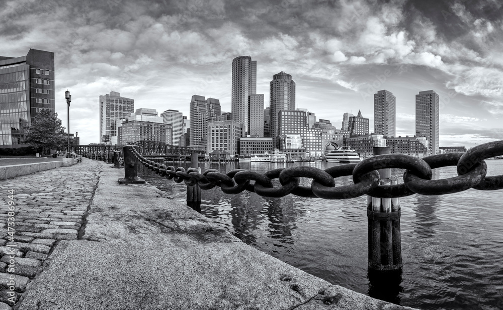 View of Boston in Massachusetts, USA showcasing the Boston Harbor and Financial District.