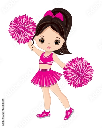Cute Cheerleader Dancing with Pom Poms. Vector Cheerleader Wearing Pink Sport Dress