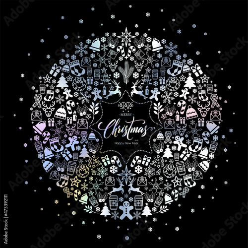 Merry Christmas and Happy New Year. Calligraphic Inscription Decorated with Holographic  Symbols XMAS and HNY and snowflakes.