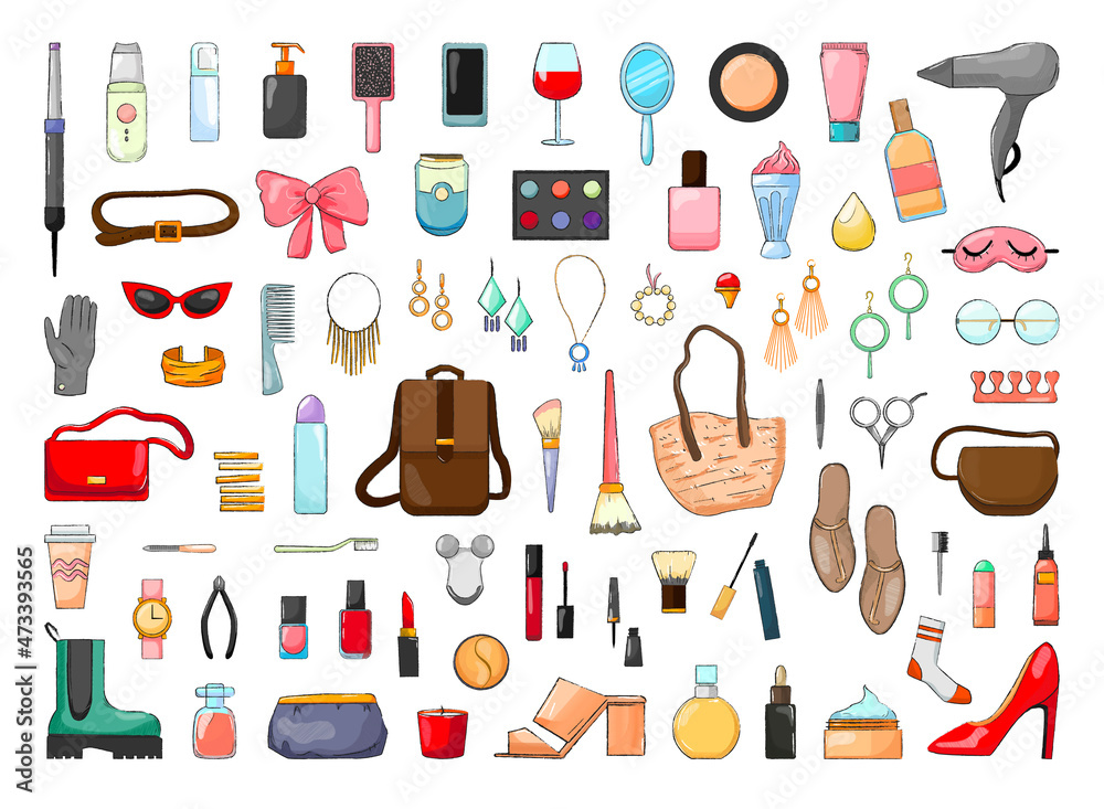 Collection of women's accessories and cosmetics in a modern style. Collection of women's accessories and cosmetics in a modern style.